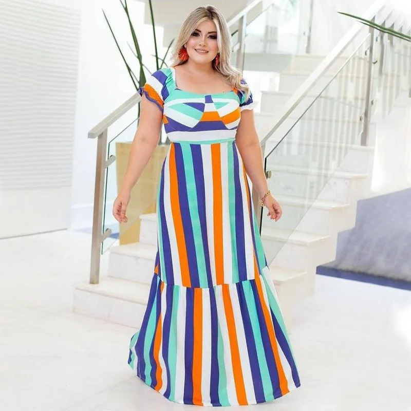 Plus Size New Fashion Spring/summer Large Women's Colorful Stripe Print Loose Short Sleeve Large Swing 3xl 4xl 5xl 6xl