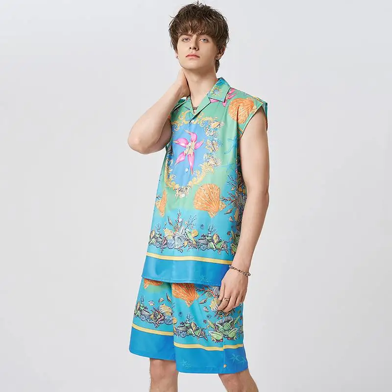 

Мужские комплекты с принтом для отпуска, свободная рубашка с отворотом без рукавов и шорты, мужские повседневные Гавайские костюмы из 2 предметов, лето 2023