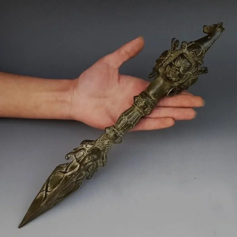 

Collectible Tibet Old Bronze Carved Vajra Jiang Mochu Sculpture/Antique Dagger/Horse Head Sword Statue Home Decor Art Collection