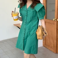 e girls french style sailor collar dress women elegant high waist button up mini dresses korean casual solid green clothes new