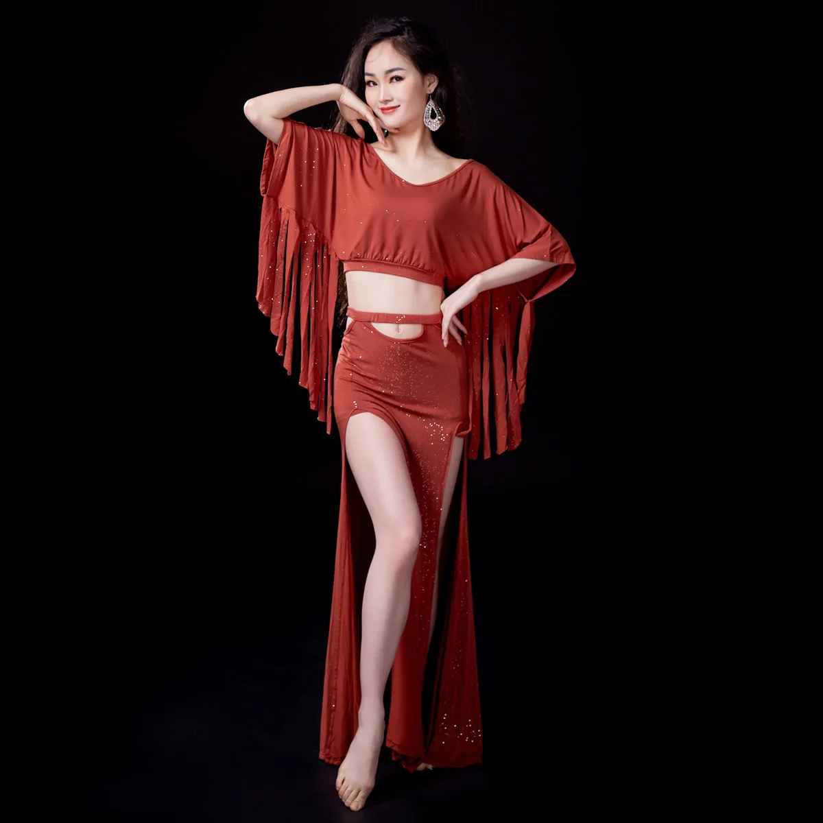 

Belly Dance New Suit Female Practice Suit Modal Oriental Dance Beginner Belly Dance Spring And Summer High Waist Long Skirt 5056