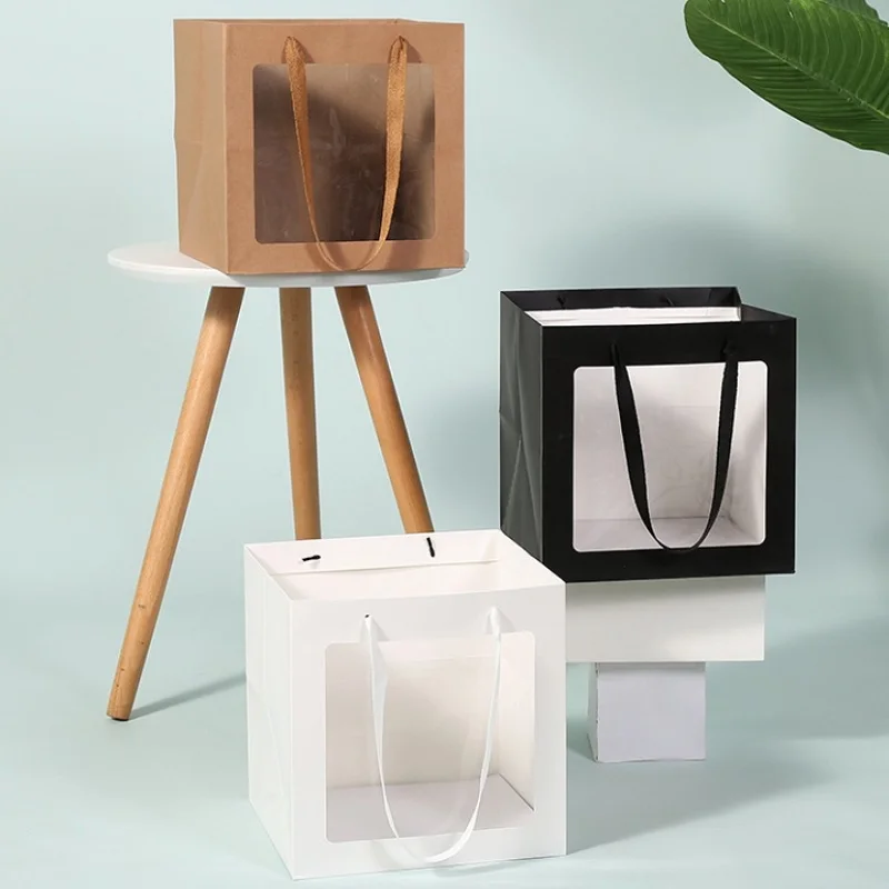 

Подарочный пакет из белой/черной/крафтовой/розовой бумаги с ручкой, прозрачный ПВХ окно, квадратный цветочный пакет в горшке, бумажная коро...