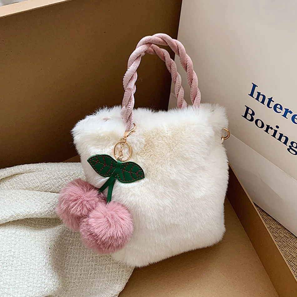 

Faux Fur Winter Women's Bucket Handbag Designer Cute Pendant Soft Shoulder Messenger Bag Christmas Hot Sale Crossbody Bag Gift