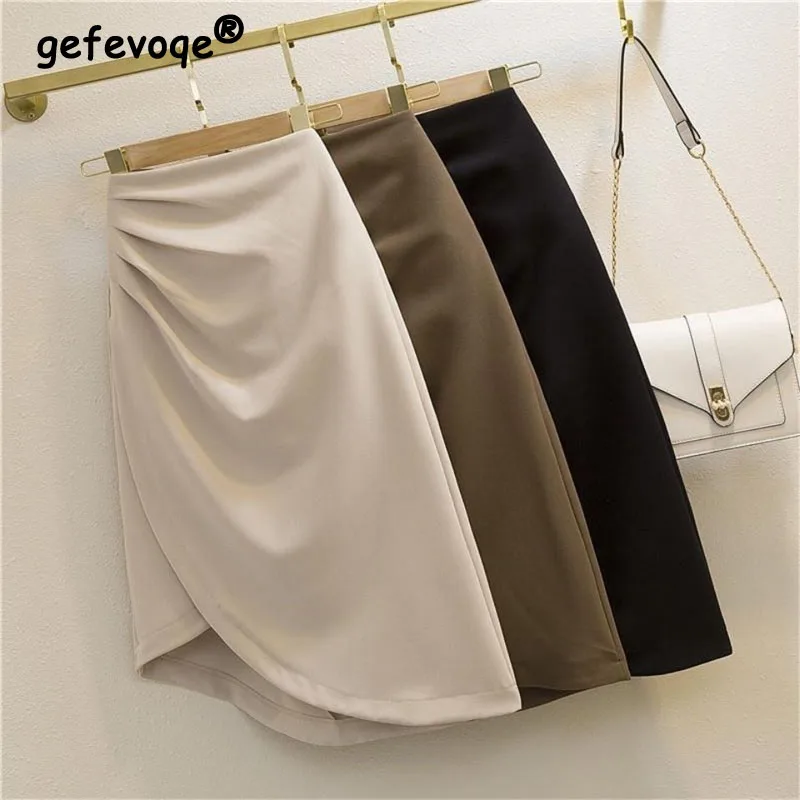 Spring Summer Women Irregular High Waist Slim Fashion Side Split Folds Commute Midi Skirt Female Elegant Office Lady Work Skirts