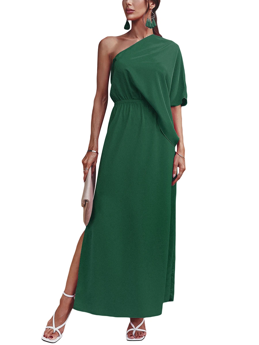 

Women One Shoulder Dress Solid Color Loose Hem Hign Split Unreular Cut Fashionable Midi Dress Cocktail Party