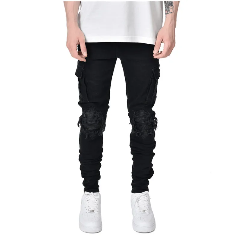 2022 New Men's Slim Jeans Hipster Multi-pocket Knee Holes Pencil Pants Streetwear Men Full Length Denim Jeans Trousers