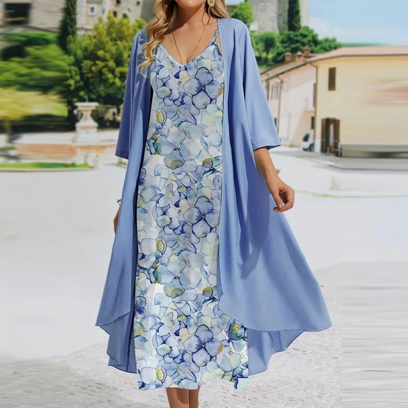 

Summer V Neck Sling Dress+3/4 Sleeve Long Cardigan Suit Fashion Casual Floral Print Two Piece Set New Elegant Holiday Loose Suit
