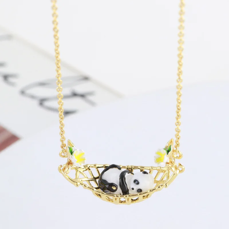 

European and American Jewelry Fashion Personality Hand-painted Enamel Glaze Cute Panda Golden Cradle Bamboo Leaf Flower Necklace