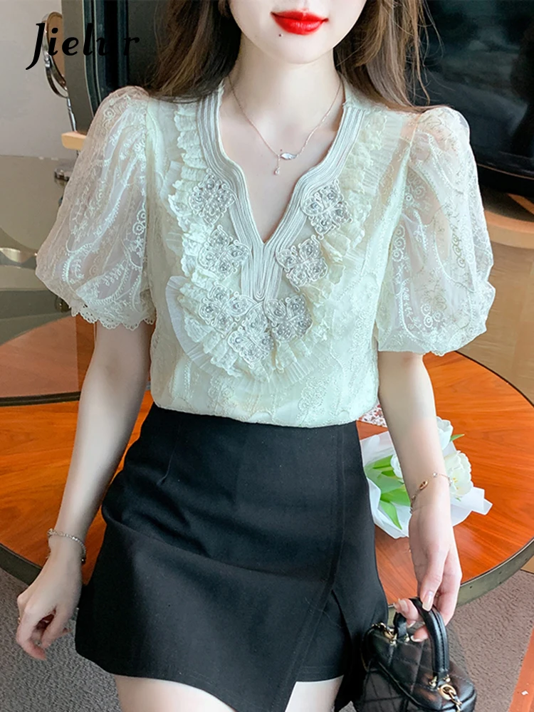 

Jielur New Women's Lace Shirt Summer Korean Elegant Lady Short Sleeve Ruffled Top Fashion Versatile V-neck Loose Apricot Blouses