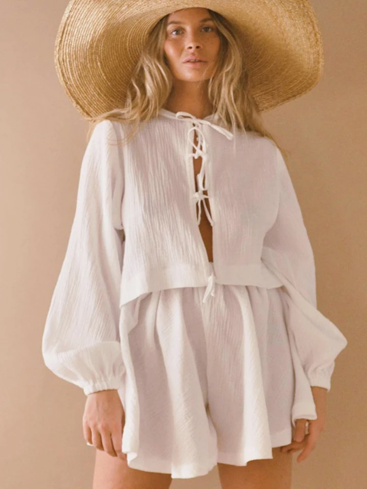 

2023 Europe and the United States summer new cotton lace long-sleeved shorts pajamas two-piece fashion home wear