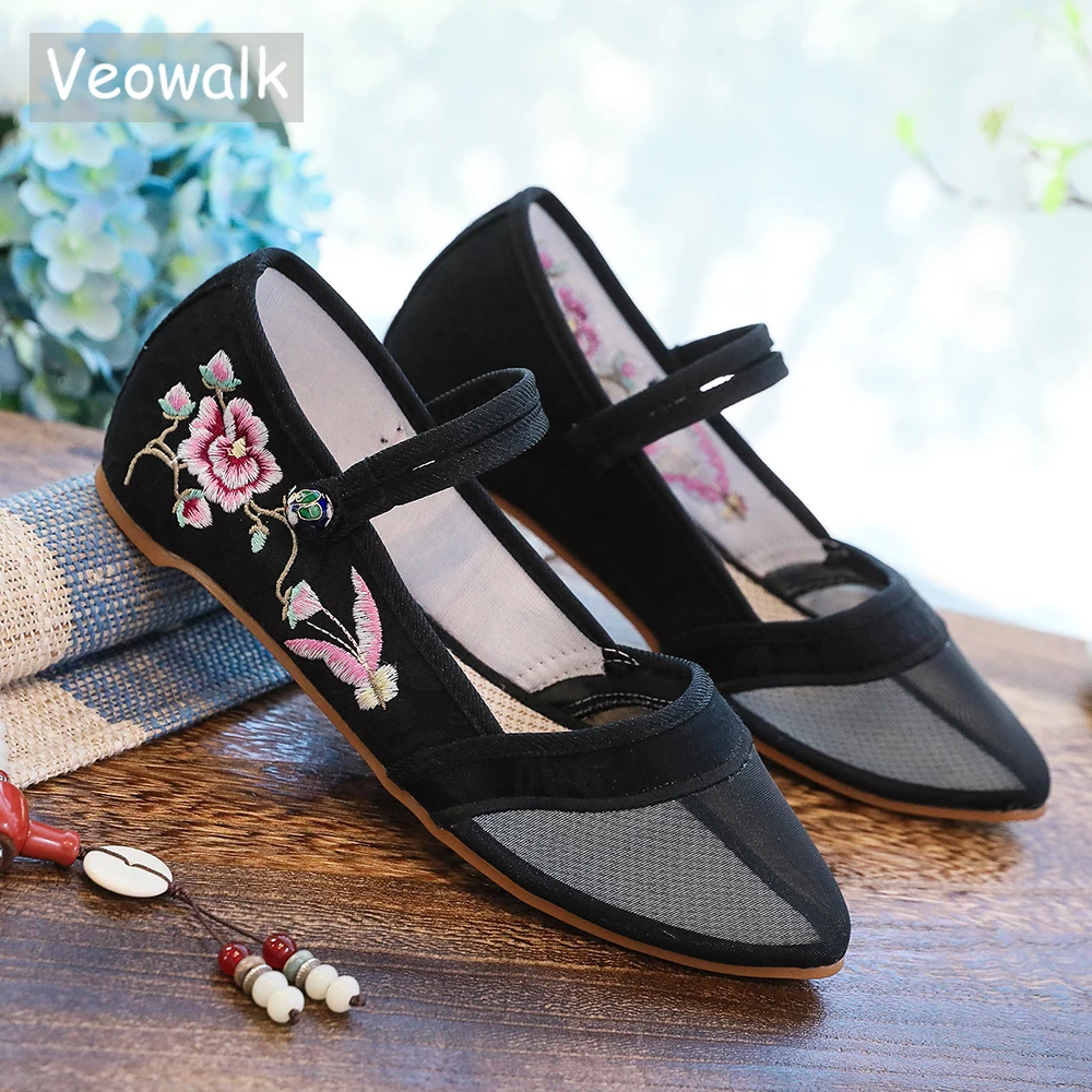 

Veowalk Gauze Pointed Toe Women Cotton Ballet Flats Chinese Vintage Embroidered Ladies Casual Summer See Through Canvas Shoes