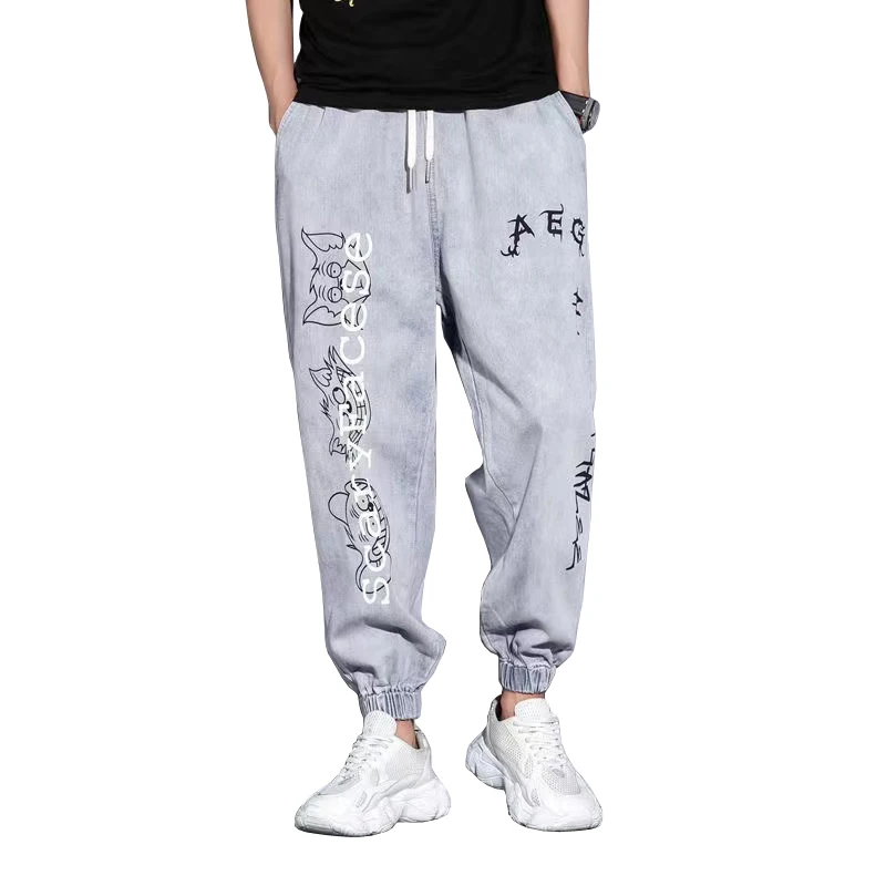 

Mens Jeans Brand Letter Printed Ankle Banded Men's Cargo Pants Straight Loose Casual Streetwear Trousers Hip Hop Ripped Jeans