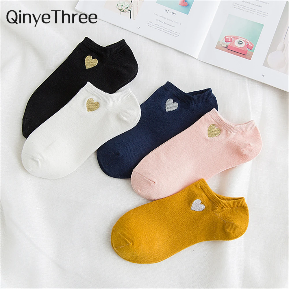 

Cute Embroidery Gold Silver Love Heart Socks Women Creative Lovely Funny Glitter Socks Candy Color Art Ankle Calcetines dropship