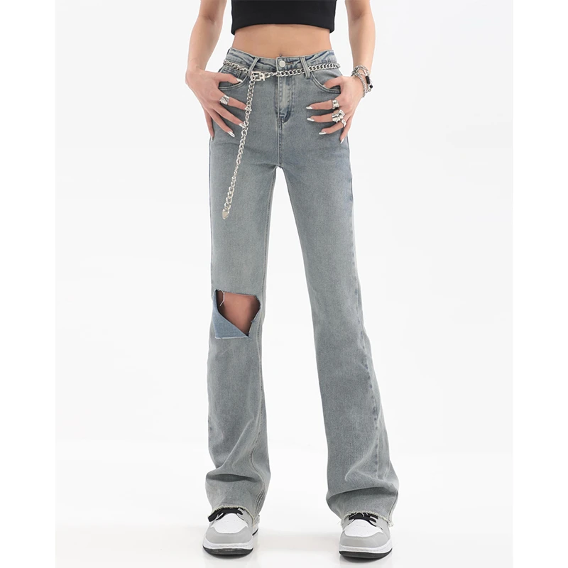 

Джинсы женские с завышенной талией, рваные Прямые повседневные Модные Винтажные Брюки-клеш из денима, синие, лето