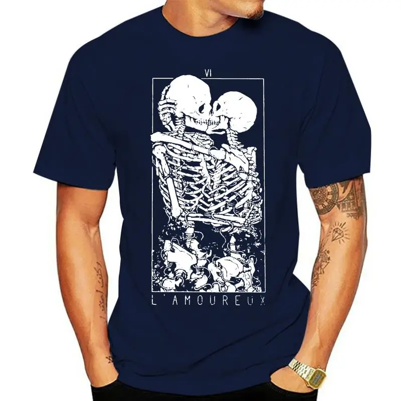 

Men Gothic La Mort Tee The Lovers Skull Shirt Streetwear Skeleton Hug and Kiss T Shirt Short Sleeved Cotton Breathable Tshirt