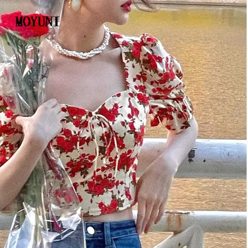 

Summer Casual Vintage Floral Blouse Tops for Women Puff Sleeve Sexy Sweet Mini Blouse Chic Party Designer Korean Clothing Boho