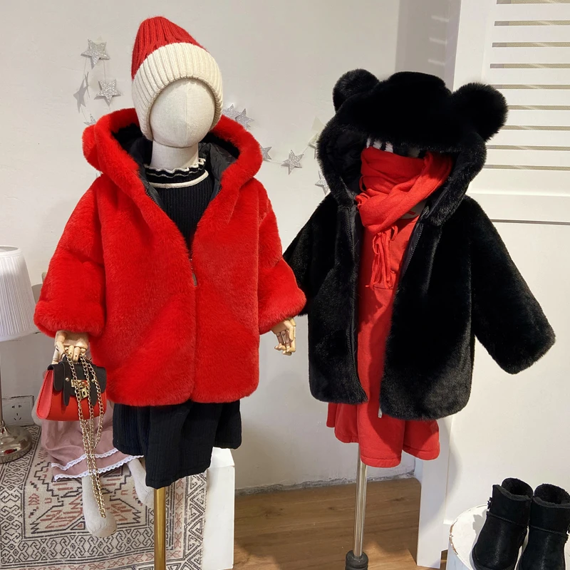 Baby Girls Warm Winter 2022 Coats Thicken Faux Fur Fashion Kids Hooded Jackets Coat for Girl Outerwear Children Clothing R46