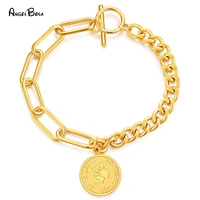 fashion stainless steel bracelets for women vintage gold color carved money coin charm cross chain bracelet jewelry wholesale