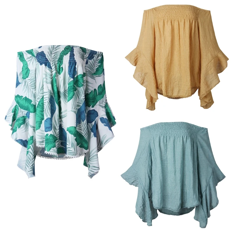 

Women Tops Female Shirt Casual Floral Off Shoulder Flare Irregular Blouse Shirts