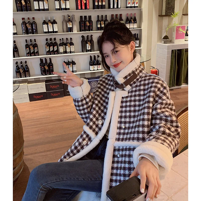 Wool-like warm coat in winter plaid long coat female