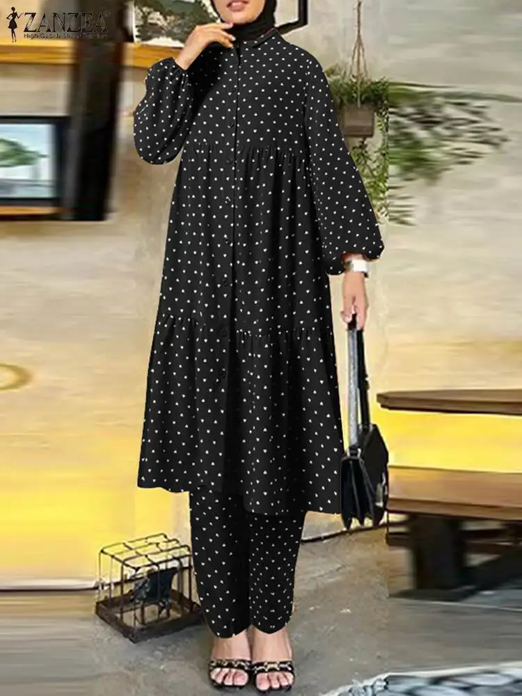 

Two Piece Sets ZANZEA Fashion Autumn Women Muslim Polka Dot Printed Pant Sets Long Sleeve Loose Blouse Abaya Islamic Clothing