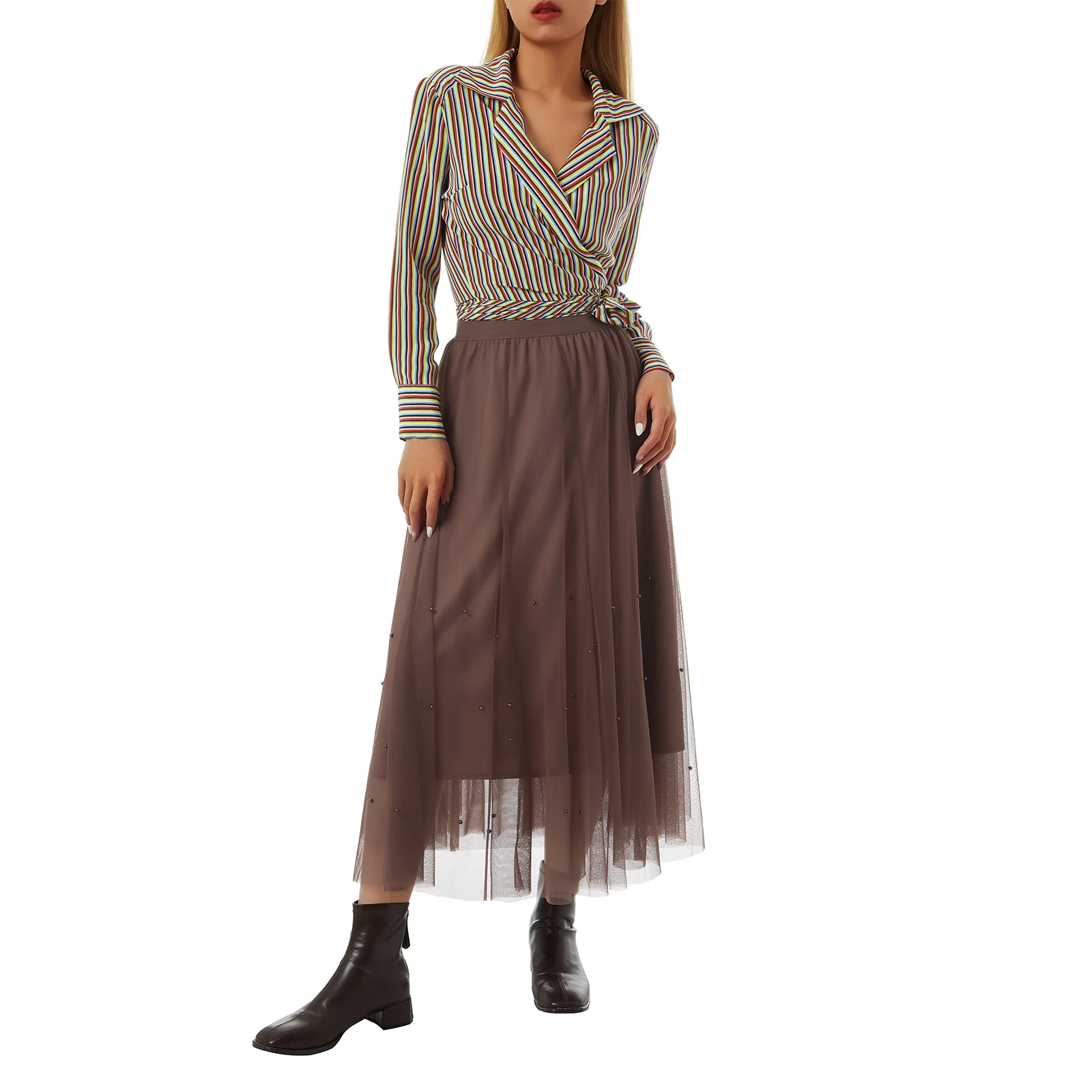 

Women 3-Layer Skirt Plain Color Beaded High Waist Calf-Length Skirts Ladies Loose Mesh Bottom Outfits