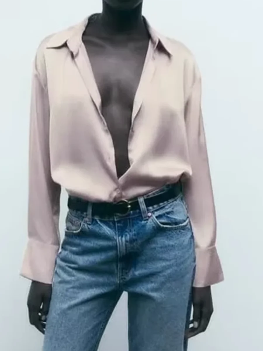 

Однотонная Женская атласная блузка с отложным воротником и длинным рукавом, однобортная женская рубашка, уличная одежда, офисная блузка, новинка 2023