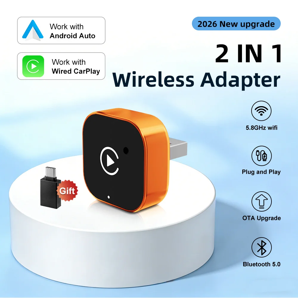 

Беспроводной адаптер CarPlay 2-в-1 (проводной в беспроводной) для Apple и Android: Plug and Play, универсальный авто