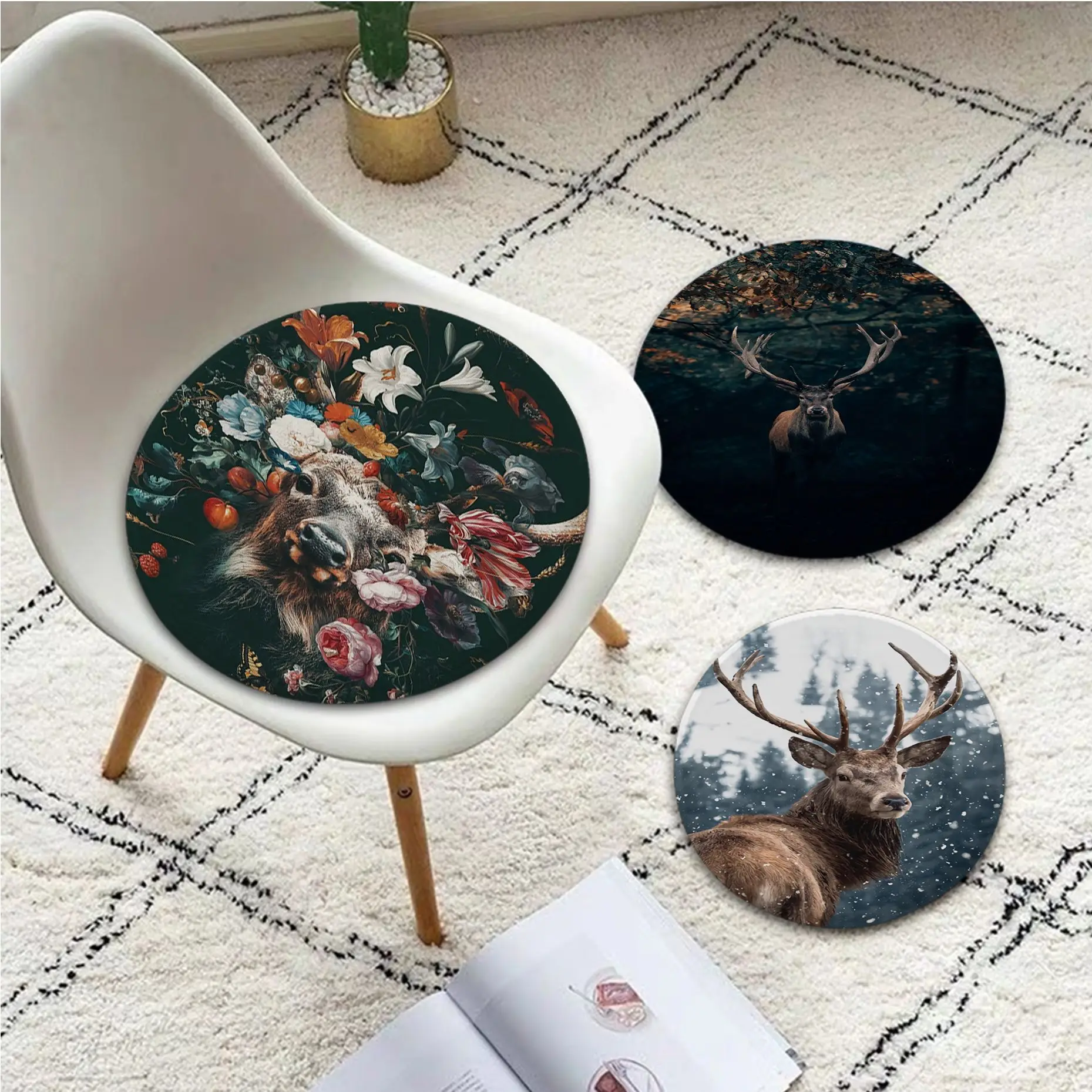 

Green Forest Wild Deer Tie Rope Fabric Cushion Non-slip Living Room Sofa Decor Students Stool Tatami Office Seat Mat