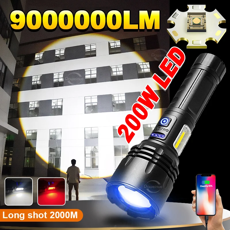 

9000000LM 200W Rechargeable Flashlight XHP360 High Power Led Flashlights With COB Light Powerful Torch Lighting 2000M Power Bank
