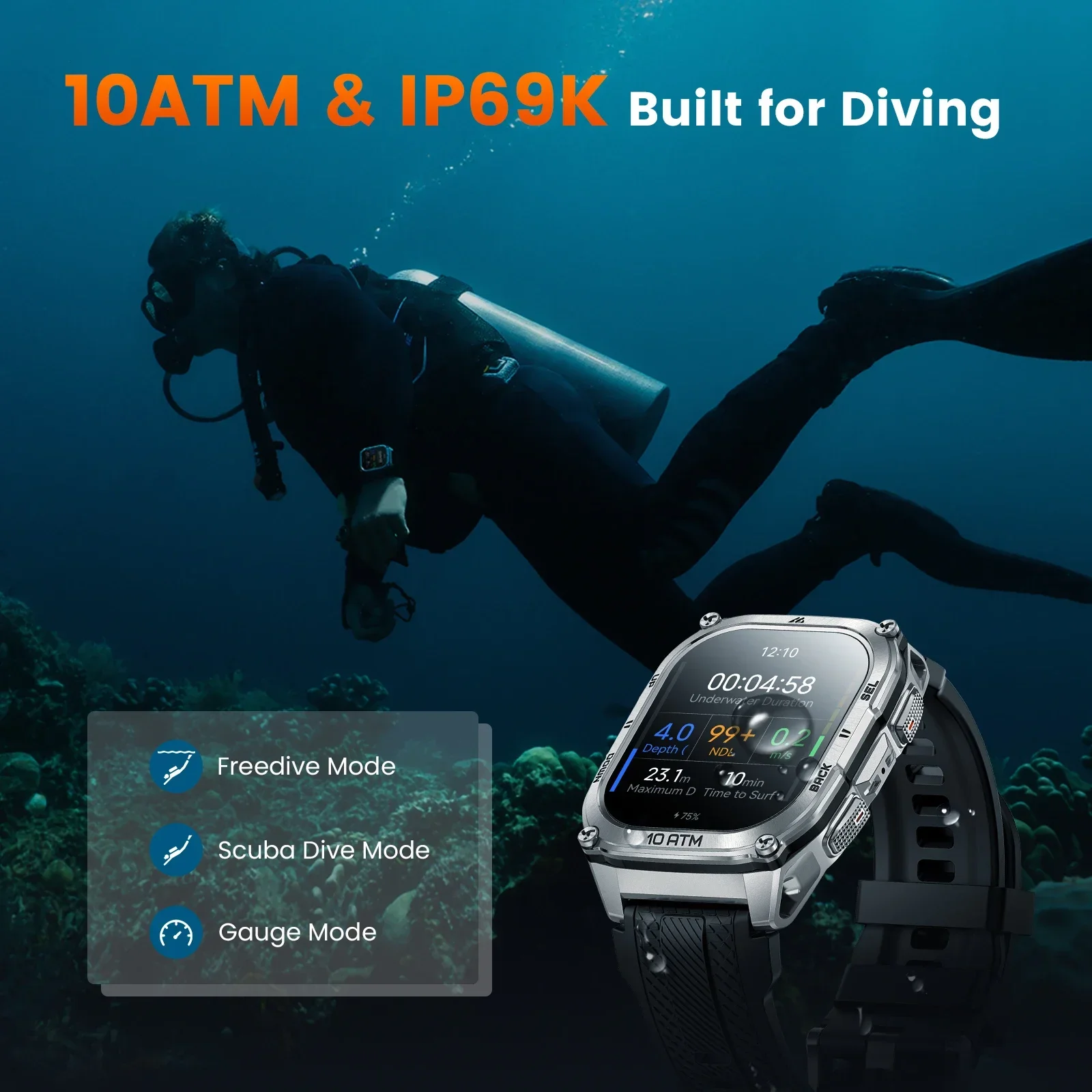 Фото KOSPET Tank M4 Смарт-часы из нержавеющей стали, 6-ситовые GPS-карты, 45 м, фридайвинг, 10 АТМ, водонепроницаемый монитор здоровья для Android iOS №3