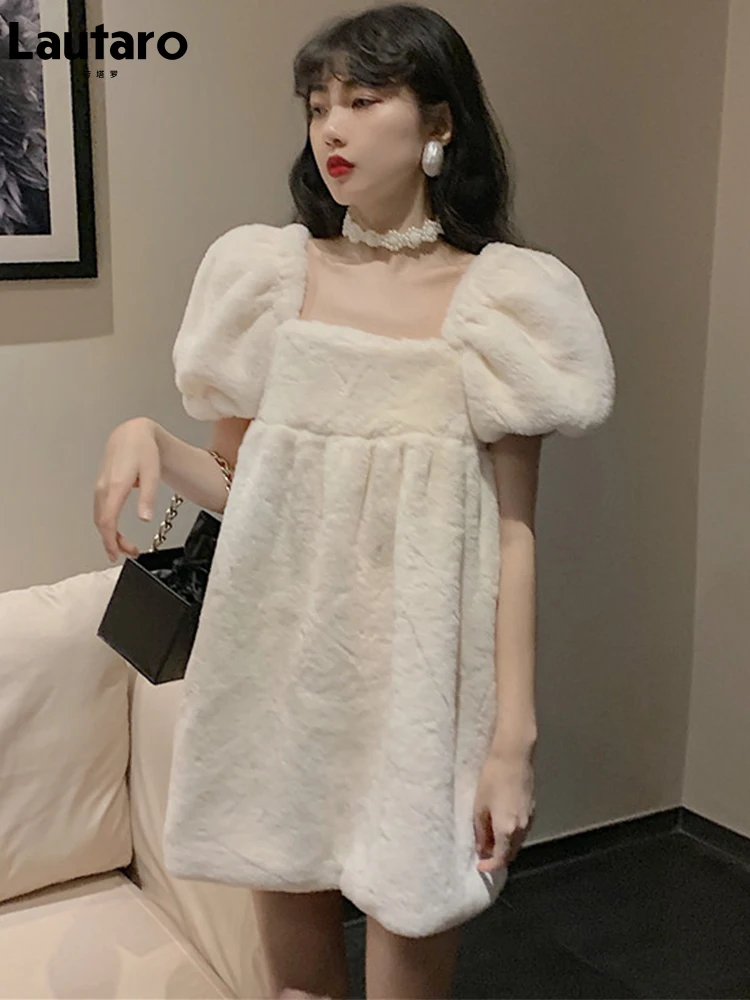 Lautaro весна осень мини милое стильное белое пушистое мягкое платье из