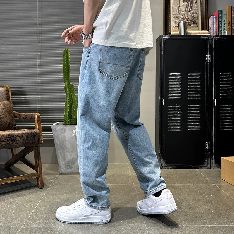 American Street Fashion Men Jeans Retro Blue Loose Fit Ripped Jeans Men Wide Leg Trousers Patched Designer Straight Pants Hombre