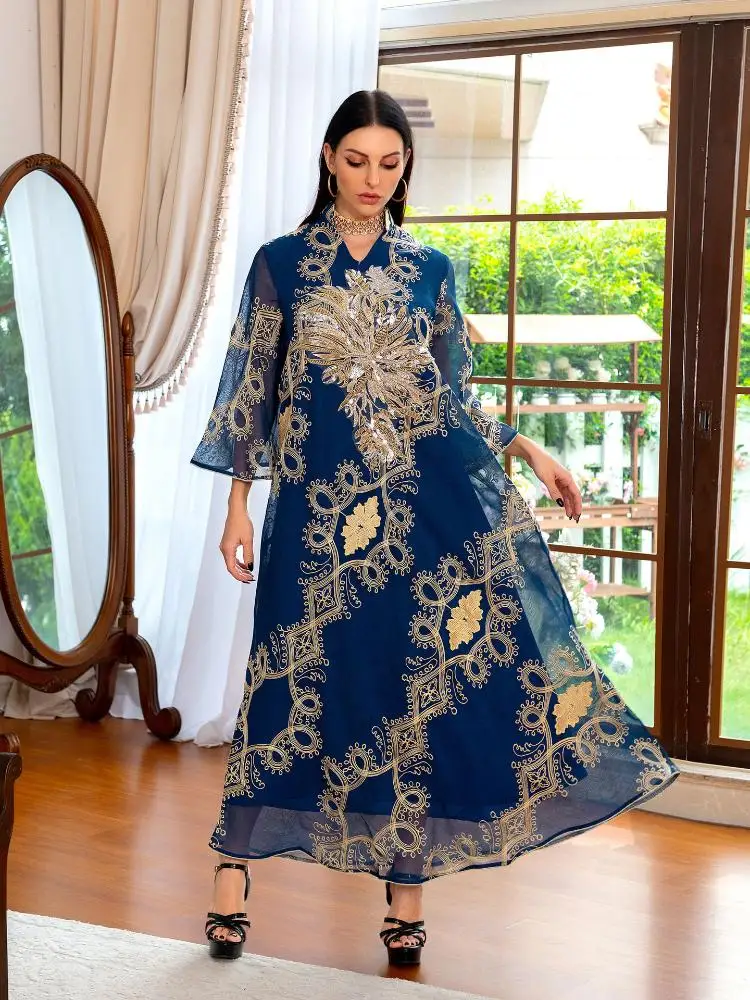 

Muslim Dress Luxury Women Sequins Embroidery Mesh Patchwork Elegant Vintage Evening Dresses Long Sleeve Loose
