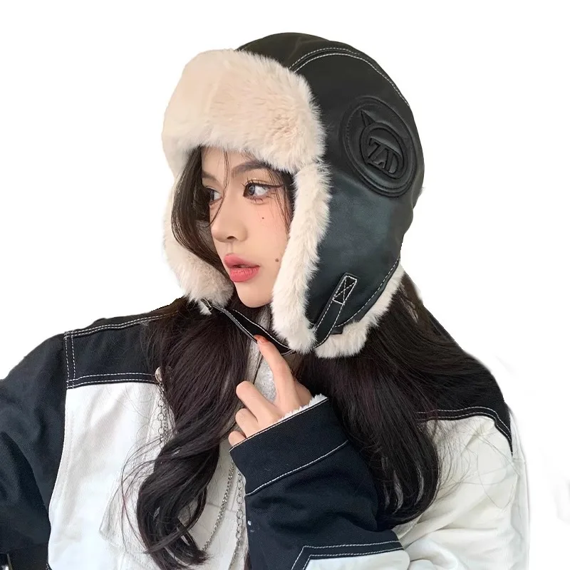 Ушанка женская осенне-зимняя утолщенная теплая кожаная плюшевая шапка Tide для