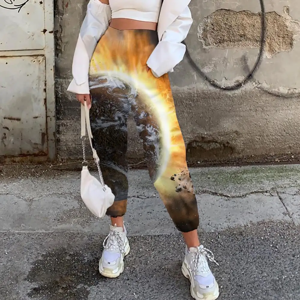 

Happiness Plum Universe Pants Women Space Trouser Flame Casual Pant Women Sweatpants Beam Feet Pants Cartoon Pantalon Femme