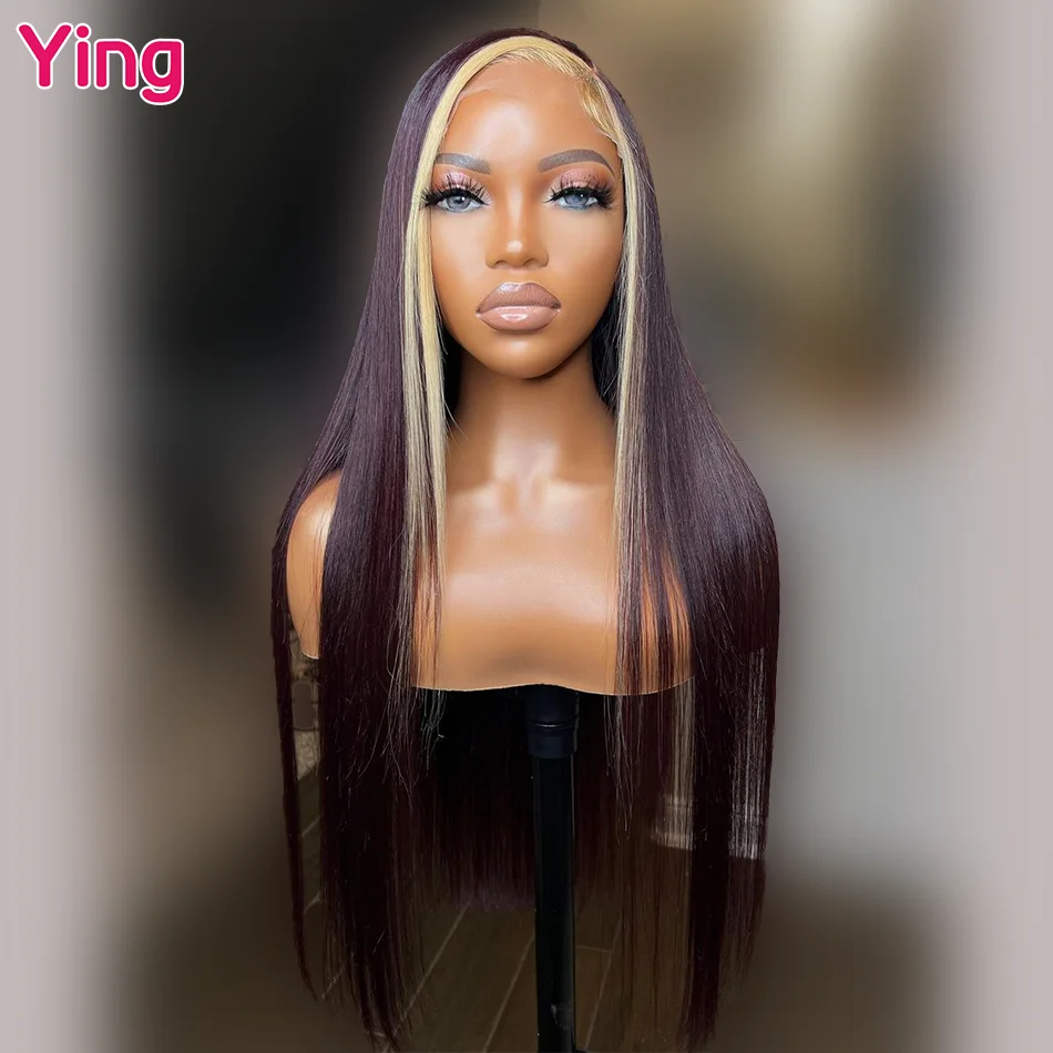 Ying Hair Dark Burgundy Stripes 13x6 Lace Frontal Wig Bone Straight Peruvian 180% Remy 30 Inch 13X4 Lace Front Human Hair Wig