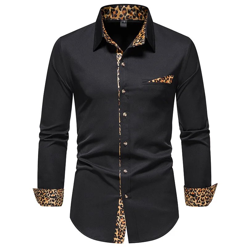 

Black Leopard Patchwork Shirt Men 2022 Brand Slim Fit Long Sleeve Mens Dress Shirts Business Wedding Party African Clothing XXL