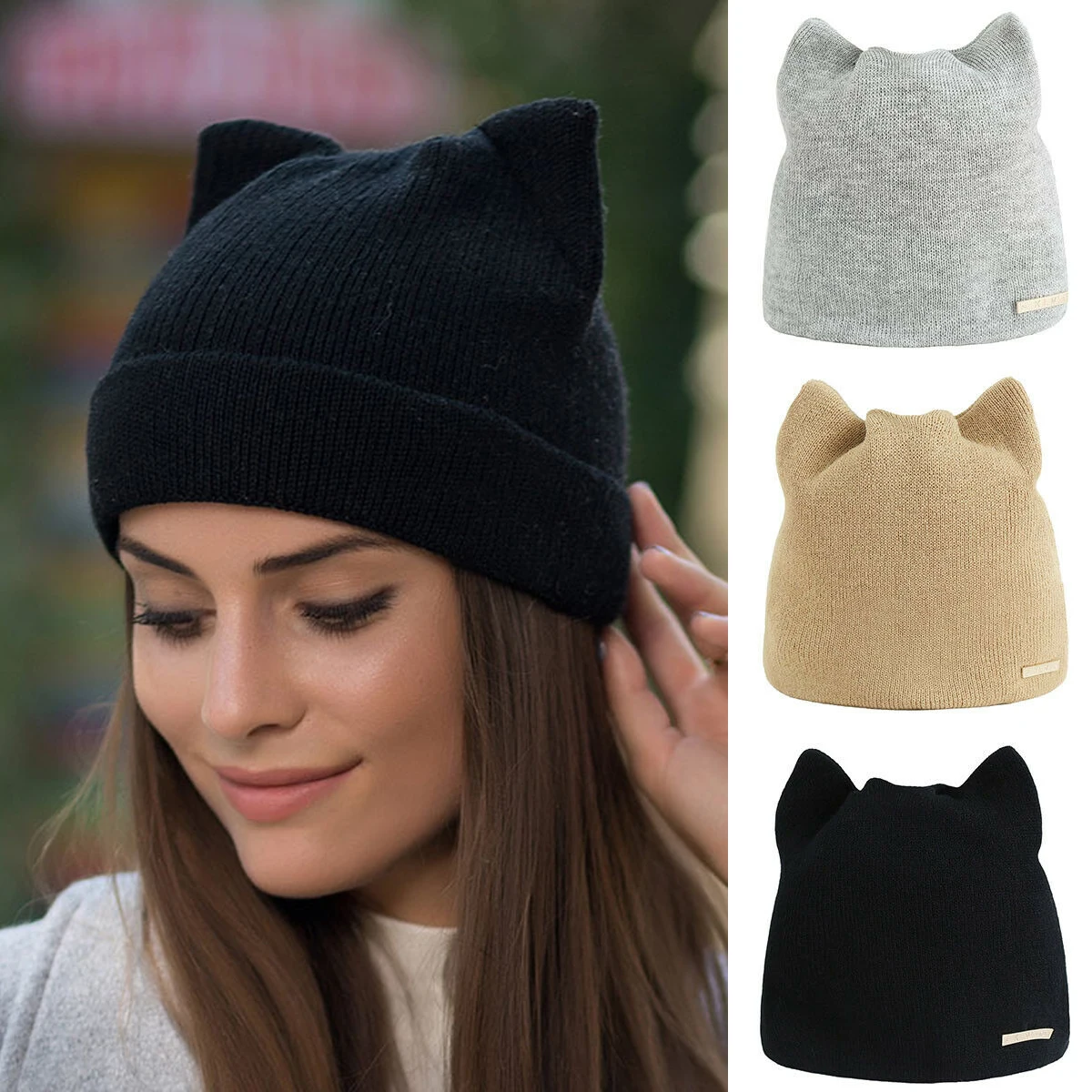 

Fashion Winter Women Cat Ears Beanies Skullies Bonnet Solid Color Lovely Warm Knitted Hat for Girls Casual Ear Warmer Wool Caps