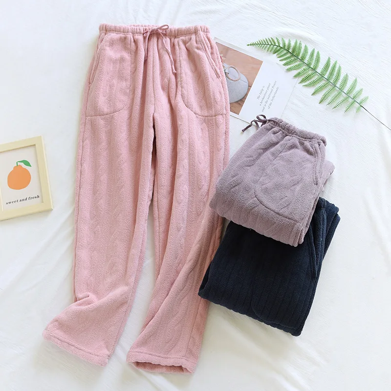 

Winter Couple Pajama Pants Flannel New Cut Flowers Thickened Fleece Keep Warm Women Home Bottoms Men Casual Trousers Drawstring