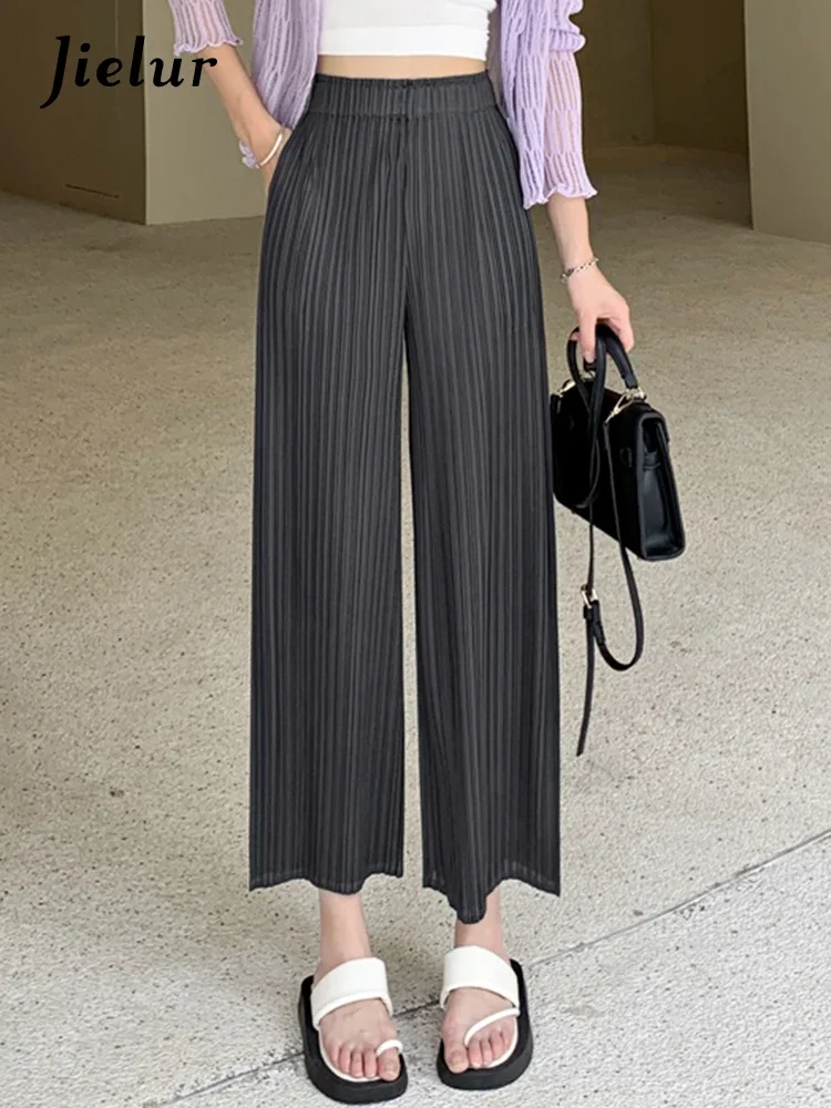 Jielur Зеленые плиссированные женские брюки с эластичным поясом прямые однотонные