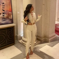 hollow out casual streetwear female long sleeve pants sets spring womens solid color hollow lanyard top and pants suit