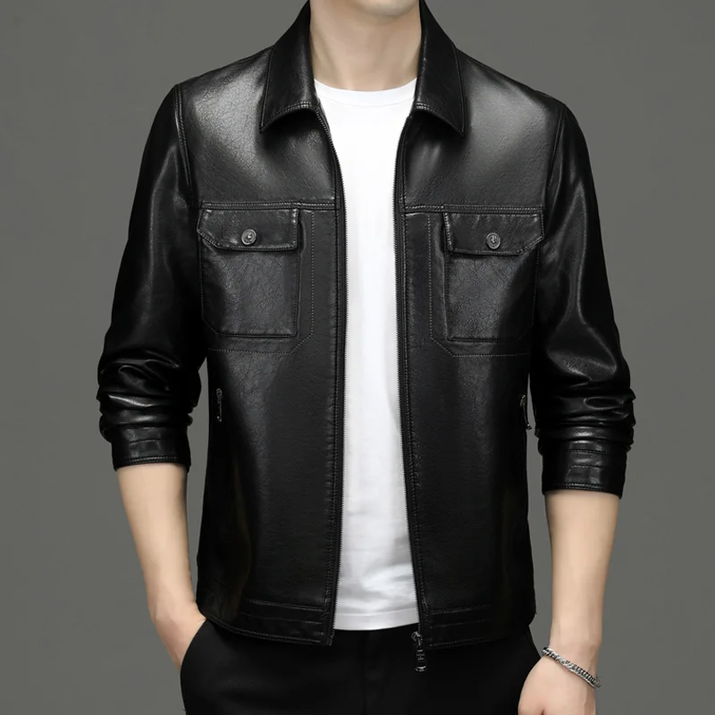 Fashion Men's Leather Clothing Casual Multi-Pocket Lapel Spring Autumn Jacket Thickened High-End Men's Clothing Leather Jacket