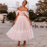 vinca sunny elegant blush pink off the shoulder dot tulle short wedding dress sleeves tea length bride gown for party reception