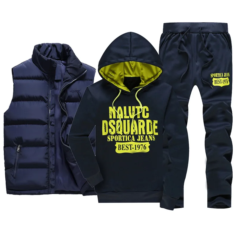 Men's Tracksuits Casual Set 3 Pieces Warm Vest Sweatpants Hoodie Letter Printed Plus Size 5XL Mens Joggers Set Sweat Suits 2022