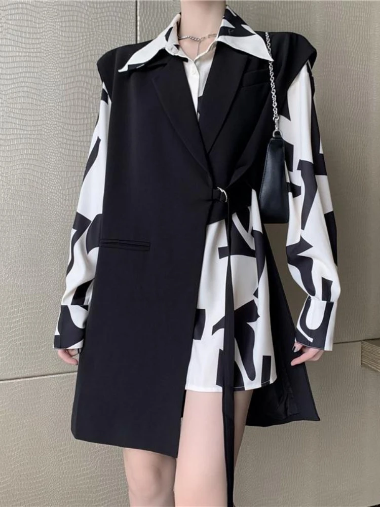 

Уличная винтажная рубашка HOUZHOU, черный жилет, повседневный костюм Харадзюку, осень 2022, корейская мода, двойка, геометрические блузки