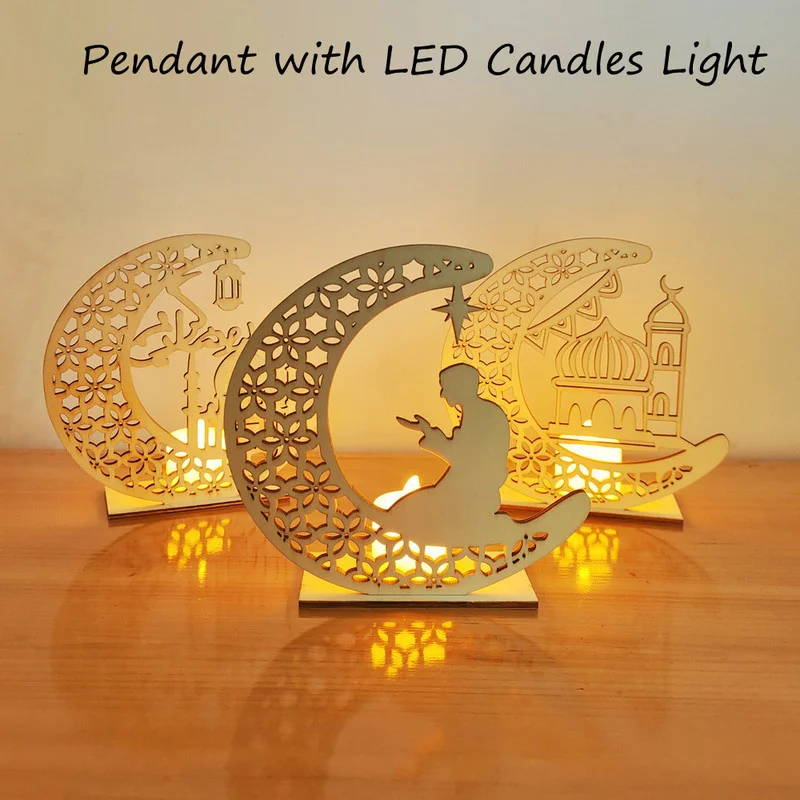 

EID Mubarak Wooden Pendant with LED Candles Light Ramadan Decorations For Home Islamic Muslim Party Eid Decor Kareem Ramadan