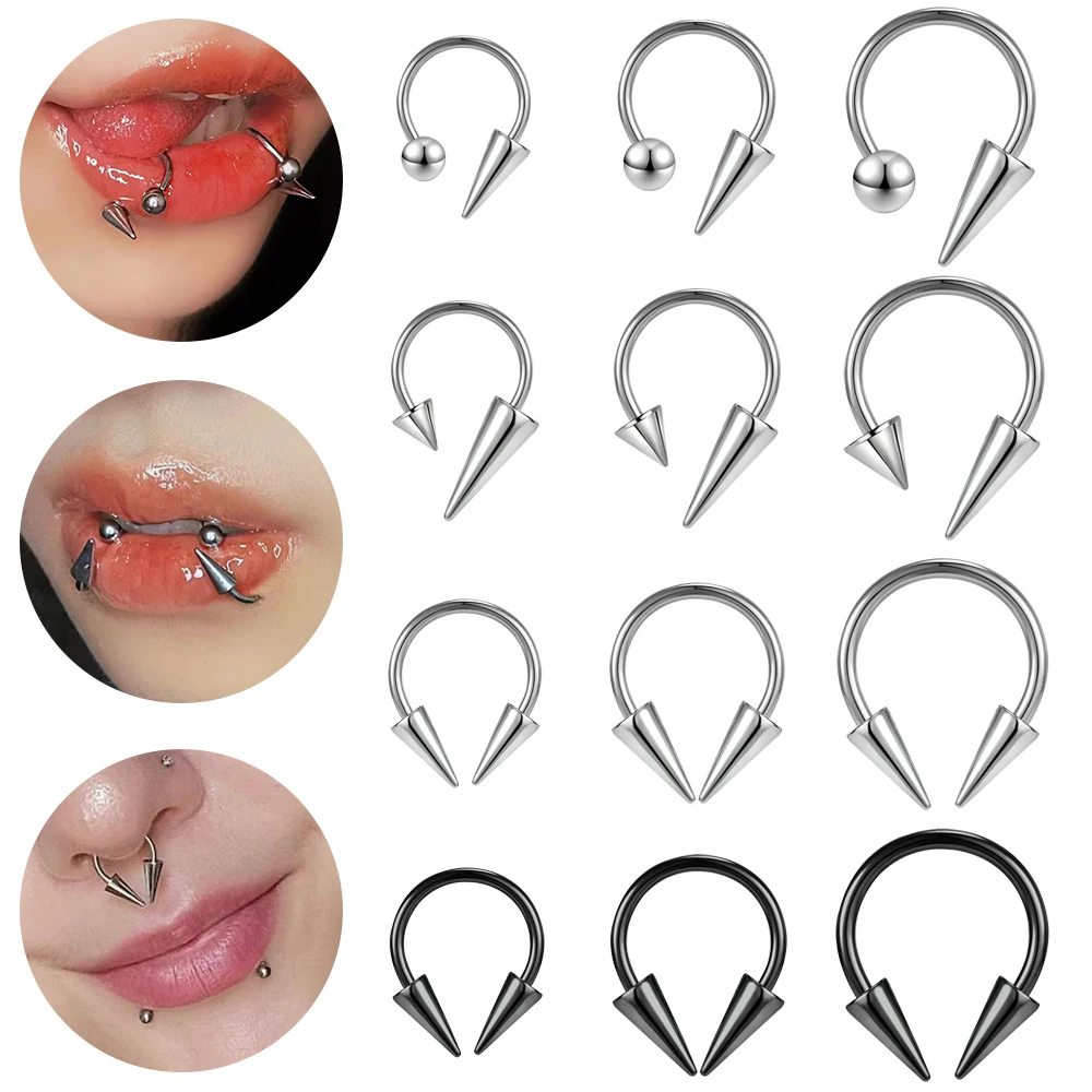 

ZS 16G Cone Septum Ring Stainless Steel Horseshoe Nose Piercing Spike Lip Rings Black Color Tragus Helix Earring Body Jewelry