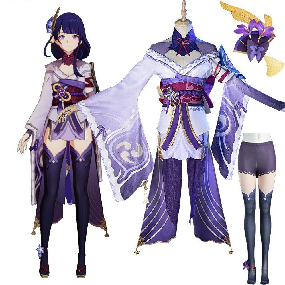 

Game Genshin Impact Raiden Shogun Beelzebul Cosplay Costumes Kimono Bow Belt Dress with Wig Halloween Party Role-playing Props
