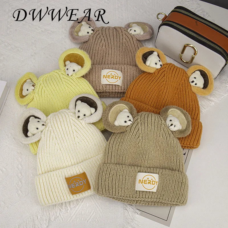 

Cartoon Bear Ear Lamb Beanie Hat With Mask Warm Balaclava Winter Thickened Ear Protection Autumn Skullies Beanies for Women Girl